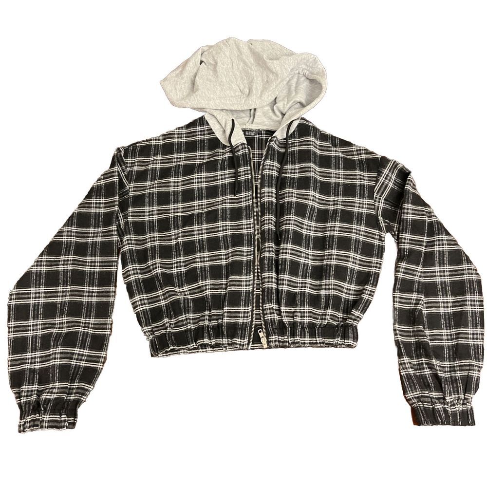 Women's black and white zip up shein plaid gray hood crop jacket Size Small